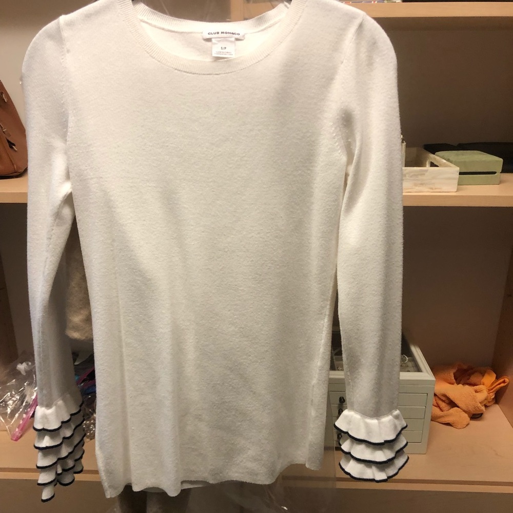 White ruffle sleeve Club Monaco sweater